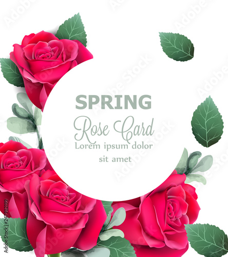 Red roses round card Vector realistic. Beautiful floral decor with palm leave...
