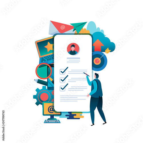 People fill out a form. Online application. Man, Male Flat cartoon character graphic design. Landing page,banner,flyer,poster,web page