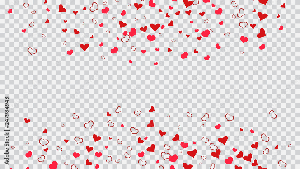 Red on Transparent background Vector. Red hearts of confetti are flying. Spring background. Part of the design of wallpaper, textiles, packaging, printing, holiday invitation for Valentine's Day. Red on Transparent background Vector. Red hearts of confetti are flying. Spring background. Part of the design of wallpaper, textiles, packaging, printing, holiday invitation for Valentine's Day.