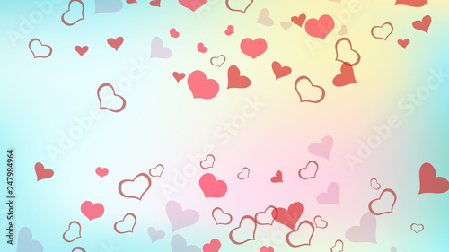 Red hearts of confetti are falling. Part of the design of wallpaper, textiles, packaging, printing, holiday invitation for wedding. Light background. Red on Gradient fond Vector.