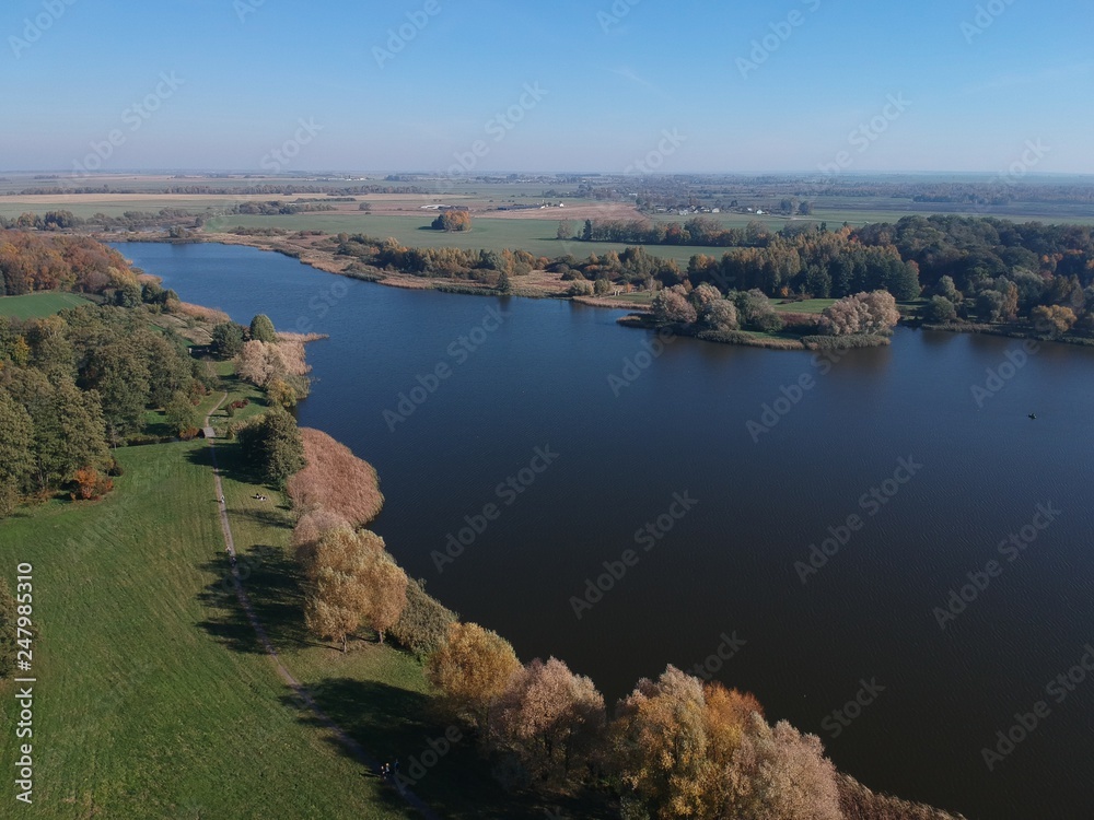 Aerial view of the park and ponds in Nesvizh, Belarus in autumn