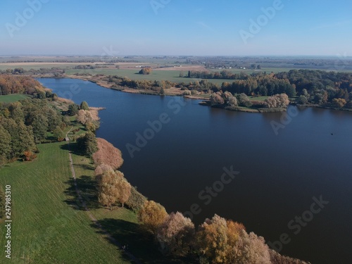 Aerial view of the park and ponds in Nesvizh, Belarus in autumn