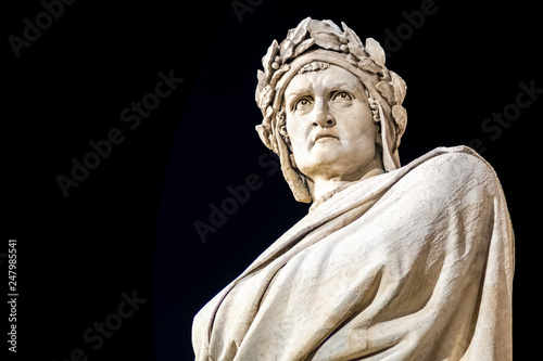 Dante Alighieri statue in Santa Croce square in Florence at night © BlackMac