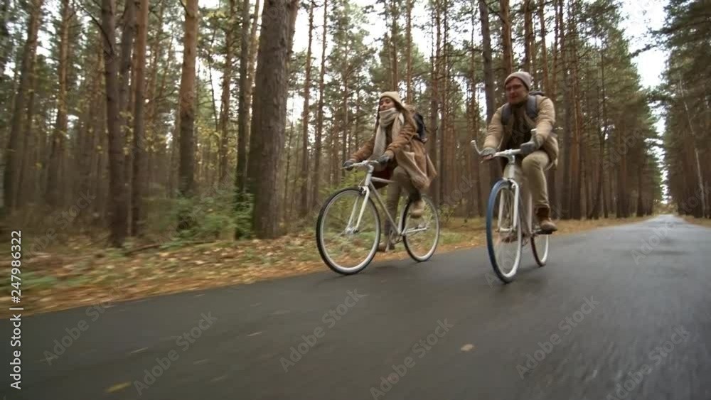 Low angled shot of young couple in warm outerwear riding bicycles on wet road through pine forest on autumn day Low angled shot of young couple in warm outerwear riding bicycles on wet road through pine forest on autumn day