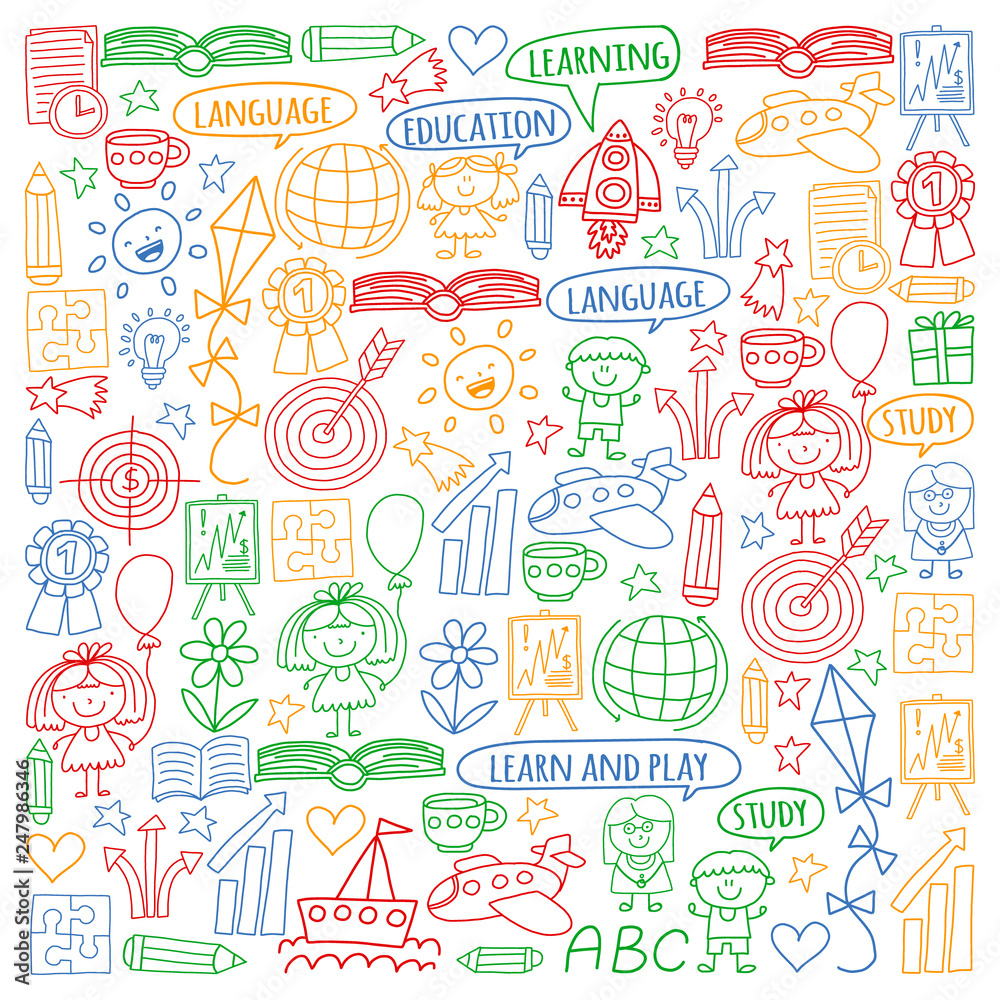 Vector set of learning English language, children's drawing icons in doodle style. Painted, colorful, pictures on a piece of paper on white background. Vector set of learning English language, children's drawing icons in doodle style. Painted, colorful, pictures on a piece of paper on white background.