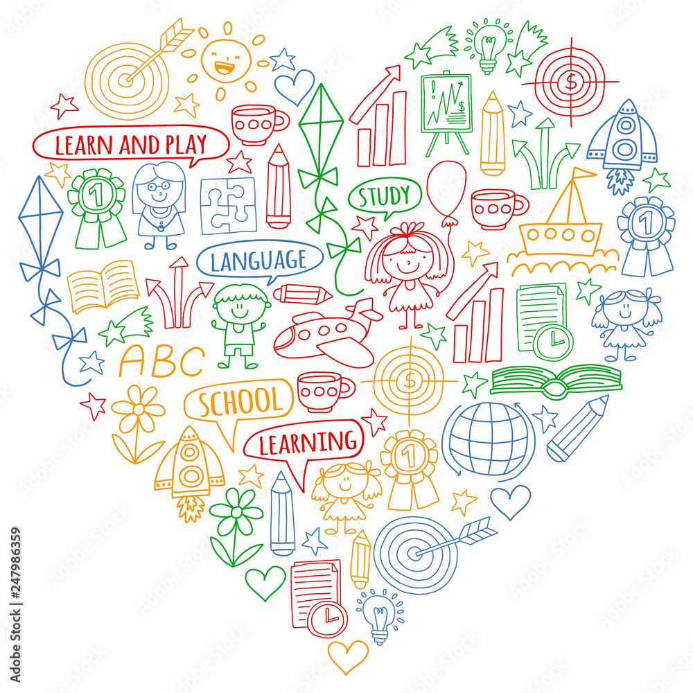 Vector set of learning English language, children's drawing icons in doodle style. Painted, colorful, pictures on a piece of paper on white background. Vector set of learning English language, children's drawing icons in doodle style. Painted, colorful, pictures on a piece of paper on white background.