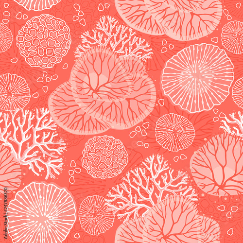Colorful background for the design and decoration of fabrics, wallpapers, home textiles, packaging and surfaces. Seamless vector pattern on the marine theme with beautiful corals.