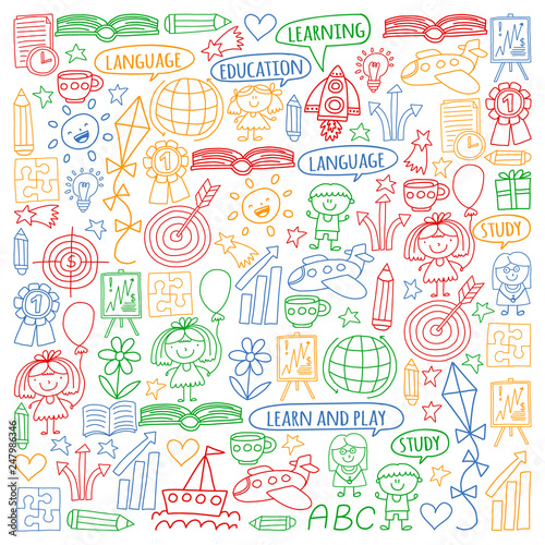 Vector set of learning English language, children's drawing icons in doodle style. Painted, colorful, pictures on a piece of paper on white background.