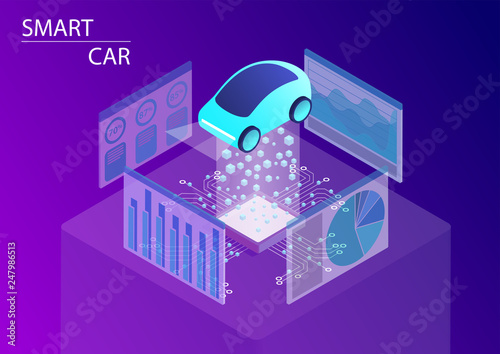 Smart car and autonomous driving concept. 3d isometric vector illustration.	