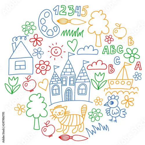 Kindergarten pattern, drawn kids garden elements pattern, doodle drawing, vector illustration, colorful. © Cepheia