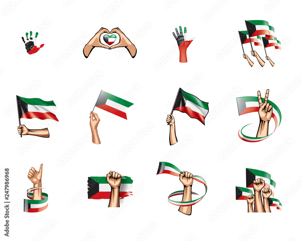 Naklejka premium Kuwait flag and hand on white background. Vector illustration