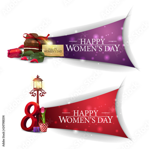 Two horizontal, modern, greeting Women's day banners with candy, rose and tulip in a bucket under a lantern photo