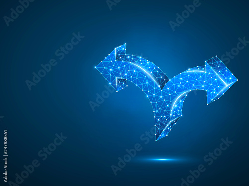 Crossroad direction two ways arrows wireframe digital 3d illustration. Low poly crossway choice concept with lines, dots and starry sky blue background. Raster polygonal road guide neon sign RGB