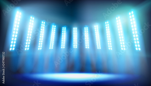 Illuminated stage on the stadium. Bright floodlights. Vector illustration.