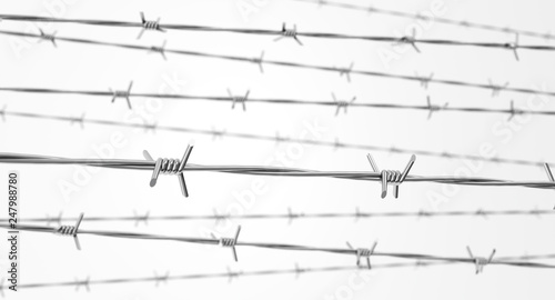 Barbed wire rows with dof effect on a white background. 3d render