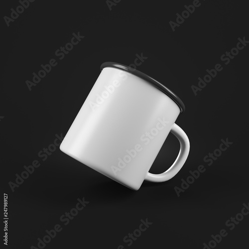 White enamel metal mug on black background. Blank cup for branding. 3d rendering