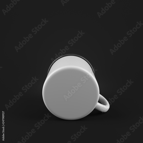 Bottom of white enamel metal mug on black background. Blank cup for branding. 3d rendering