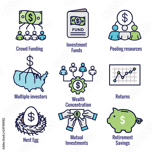 Retirement Investments and Dividend Income, Mutual Fund, IRA Icon set