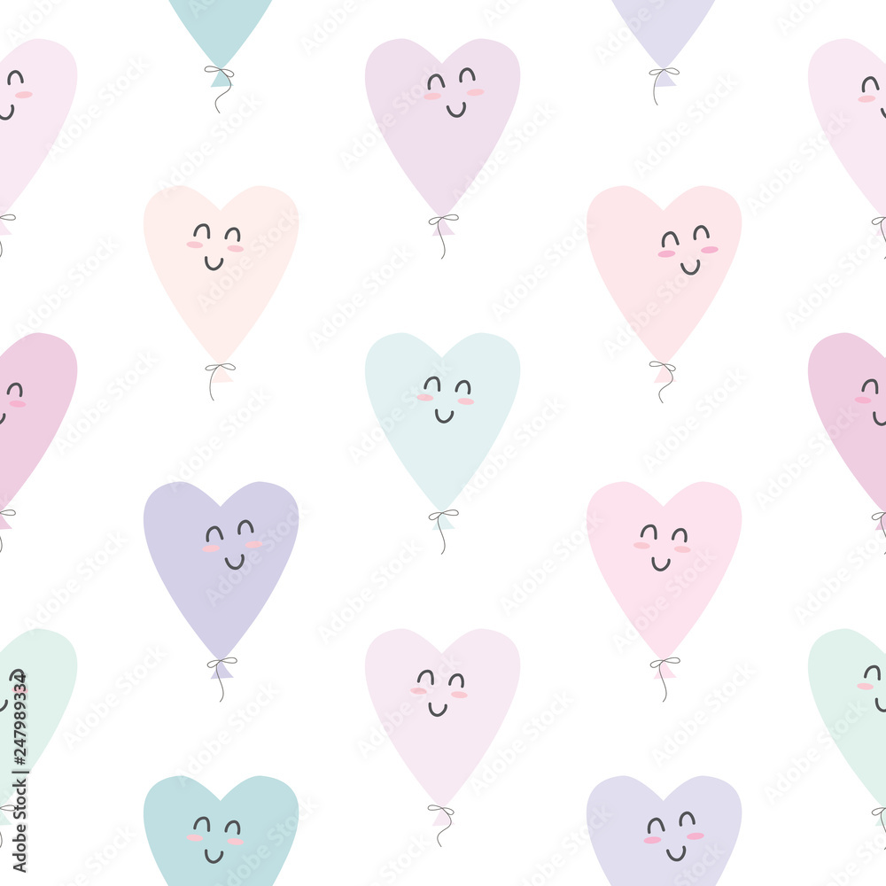 Cute seamless pattern with kawaii hearts balloons. For Valentines day, birthday, baby shower, holidays design.