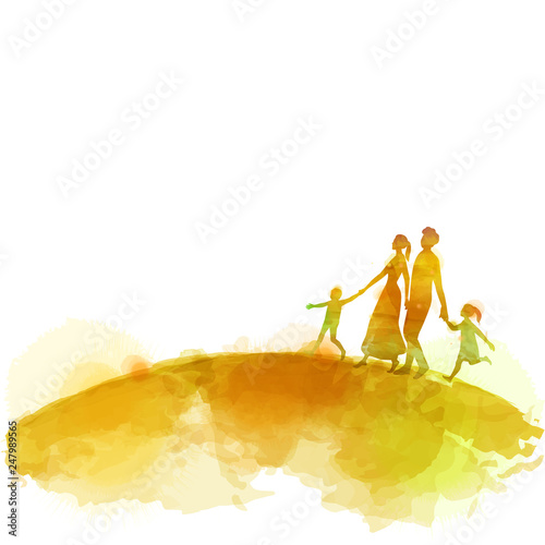 Watercolor of happy parents having good time with their little children. Family on pink background. Paper cut style. Vector illustration.