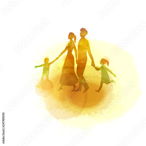 Watercolor of happy parents having good time with their little children. Family on pink background. Paper cut style. Vector illustration.