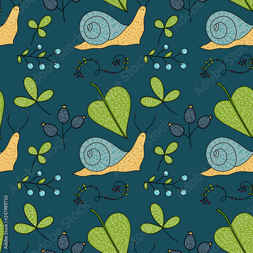 Seamless vector forest pattern with cute color illustrations. © trihubova