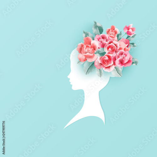 8 march. Happy Woman's Day. Silhouette of a woman with pink roses. Vector illustration EPS10 © kittikorn Ph.