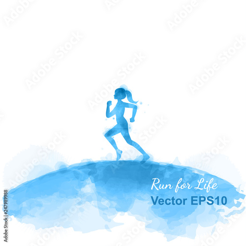 Women's running silhouette on watercolor background. Runner vector illustration. Feminism concept. Digital art painting.