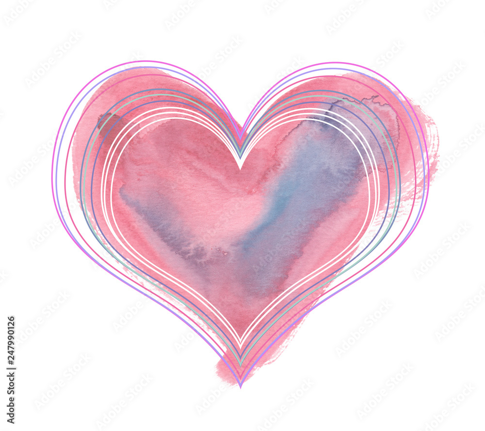 Pink heart with thin layered frame painted in watercolor on clean white background Pink heart with thin layered frame painted in watercolor on clean white background
