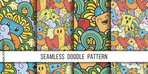 Collection of seamless vector patterns with cute cartoon monsters and beasts. Nice for packaging, wrapping paper, coloring pages, wallpaper, fabric, fashion, home decor, prints etc