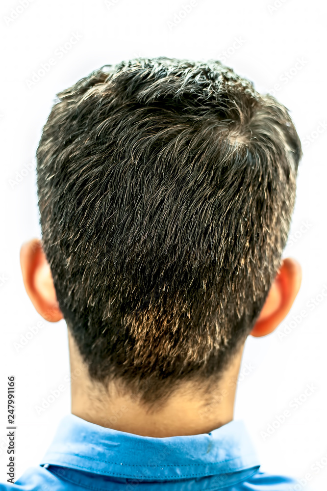 Backside shot of a young teenager affected by premature Grey isolated on white. Backside shot of a young teenager affected by premature Grey isolated on white.