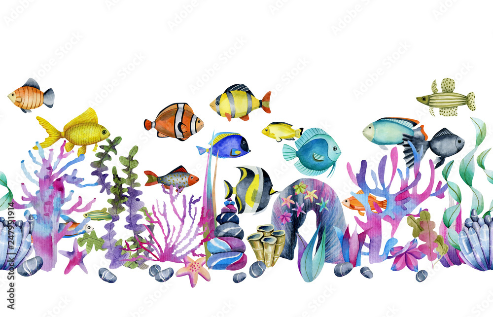 Fototapeta premium Watercolor oceanic tropical exotic fishes among the corals and sea stones seamless border, hand painted on a white background
