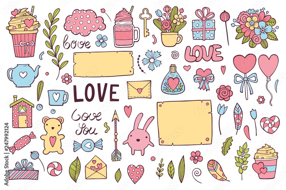 Valentines Day theme doodle set. Traditional romantic symbols heart shapes, cupid, arrows, gift box, desserts, doves, swans, restaurant table, champagne, love letters. Freehand vector drawing