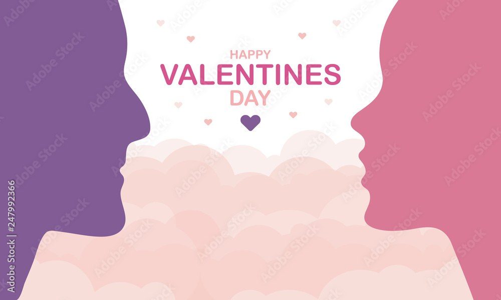 Happy Valentines Day. A holiday of love. Silhouette of a couple of lovers on sky background. The traditional time for romantic dates, as well as shopping on sales. Postcard, poster, invitation, banner