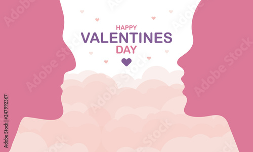 Happy Valentines Day. A holiday of love. Silhouette of a couple of lovers on sky background. The traditional time for romantic dates, as well as shopping on sales. Postcard, poster, invitation, banner