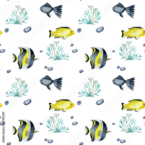Seamless pattern with watercolor fish surgeon and other oceanic fishes, hand painted on a white background