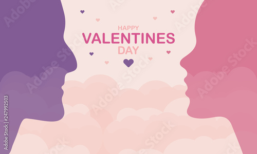 Happy Valentines Day. A holiday of love. Silhouette of a couple of lovers on sky background. The traditional time for romantic dates, as well as shopping on sales. Postcard, poster, invitation, banner
