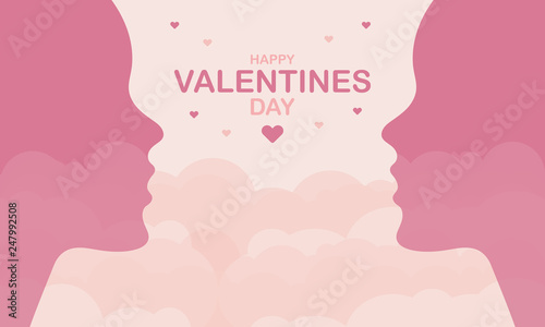 Happy Valentines Day. A holiday of love. Silhouette of a couple of lovers on sky background. The traditional time for romantic dates, as well as shopping on sales. Postcard, poster, invitation, banner