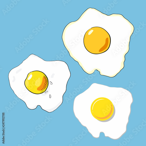 Set of fried eggs. Vector illustration on blue background