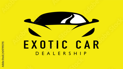 Exotic car dealership supercar logo design with concept sports vehicle icon silhouette on yellow background. Vector illustration