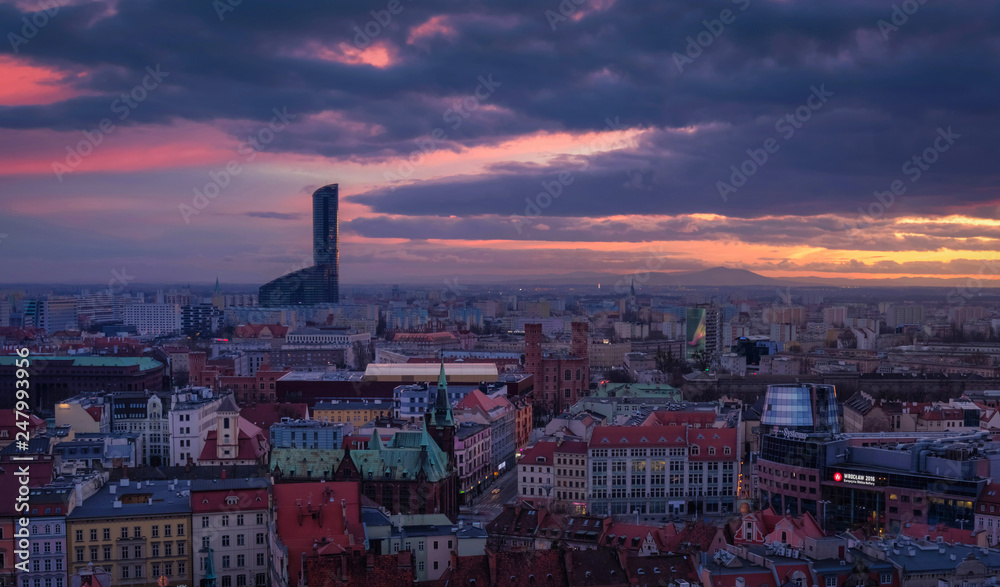 Panorama of wroclaw with beautiful view on Sky Tower after the sunset