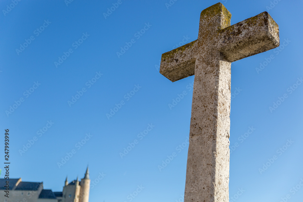 Great cross in front of the Church of the True Cross, Romanesque style Great cross in front of the Church of the True Cross, Romanesque style