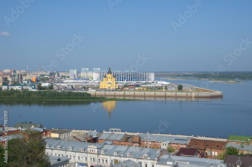 Nizhny Novgorod, Russia - August 19, 2018: Summer view of the Arrow - the merger of the Oka and Volga rivers and Alexander Nevsky Cathedral photo