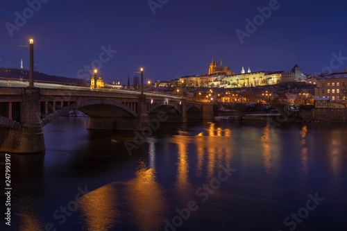 Typical Prague panorama of castle and manes bridge in Czech Republic at night