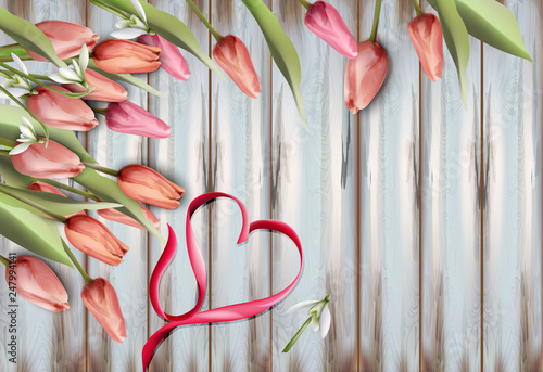 Tulips flowers on wooden texture Vector watercolor. Heart bow. Spring Summer ...