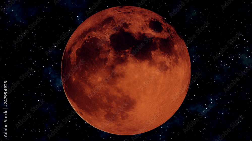Realistic 3D illustration of full lunar eclipse. Blood moon wax and