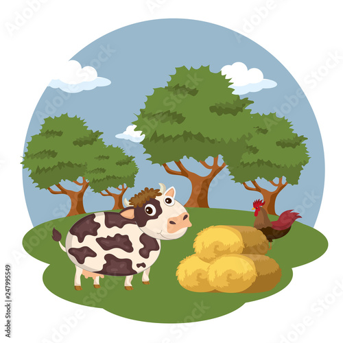 Animals in the farm scene. Nature and country concept. Flat vector illustration