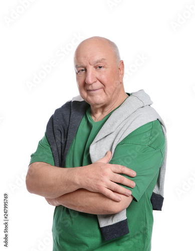 Portrait of elderly man on white background