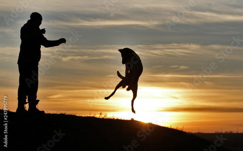 A man and a dog on the background of a beautiful sunset © Diana Badmaeva