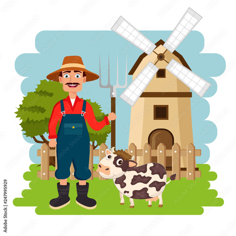 Farmer in the farm scene. Flat vector illustration